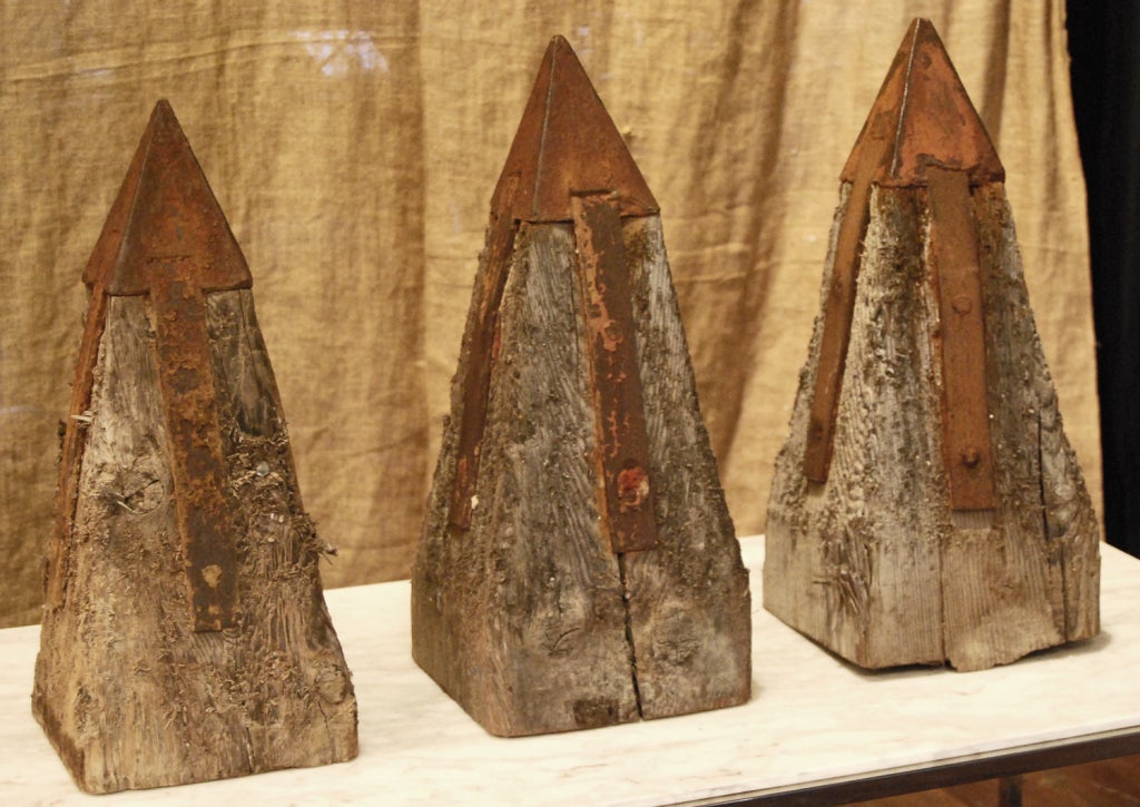 3 wood pylon bases with iron caps, set of (3), dimensions below are for each base