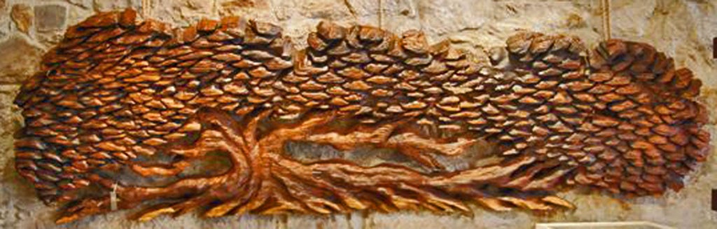 carved from a single slab of redwood, this is a beautiful and enormous piece of wall art by a local artist