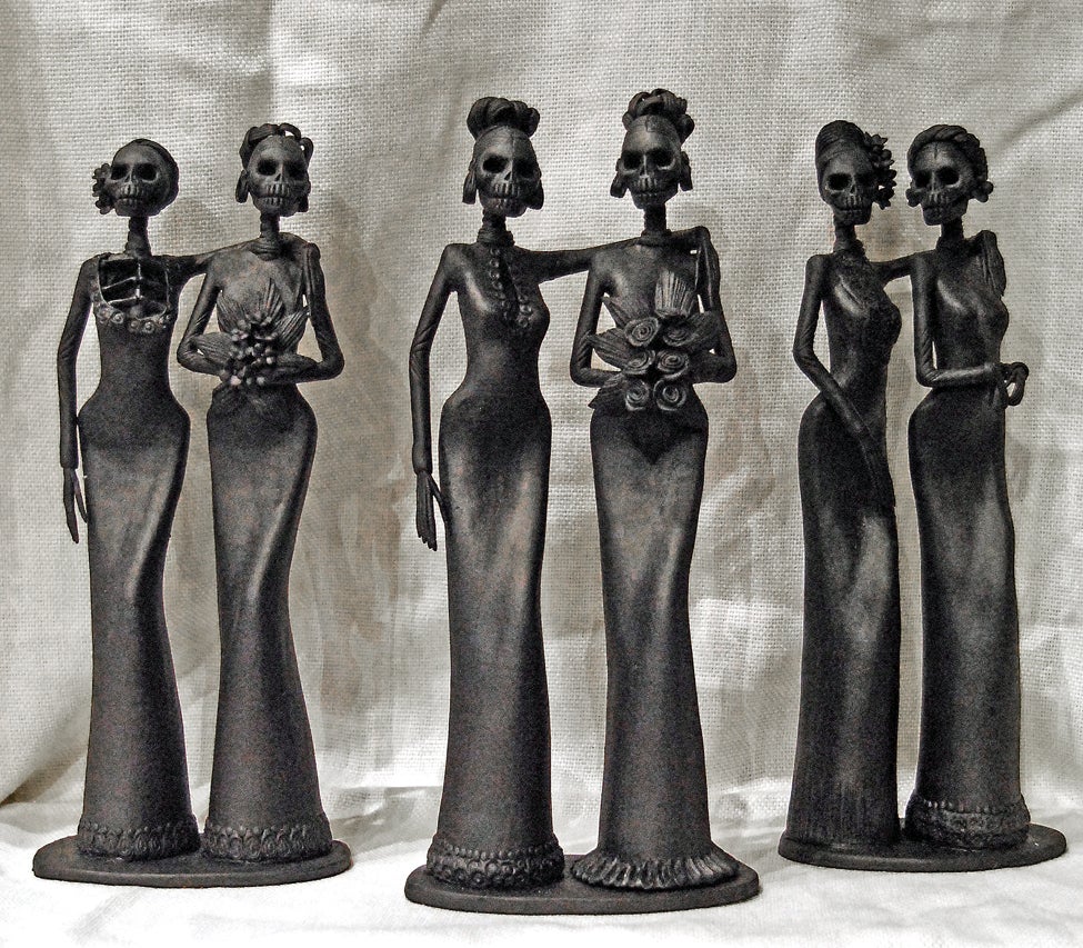 black day of the dead figures, female couple. handmade in capula, michoacan by arturo 