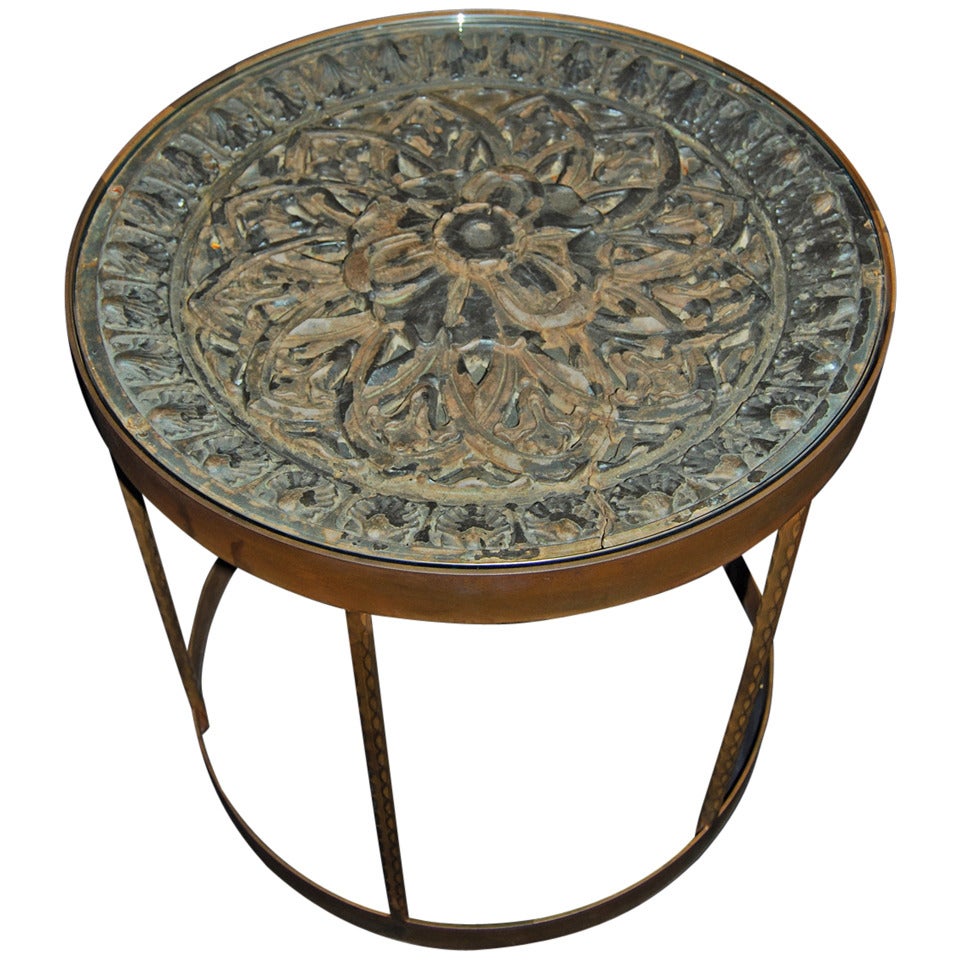 Rosette Side Table with Newer Steel Base and Glass Top, 2008 For Sale
