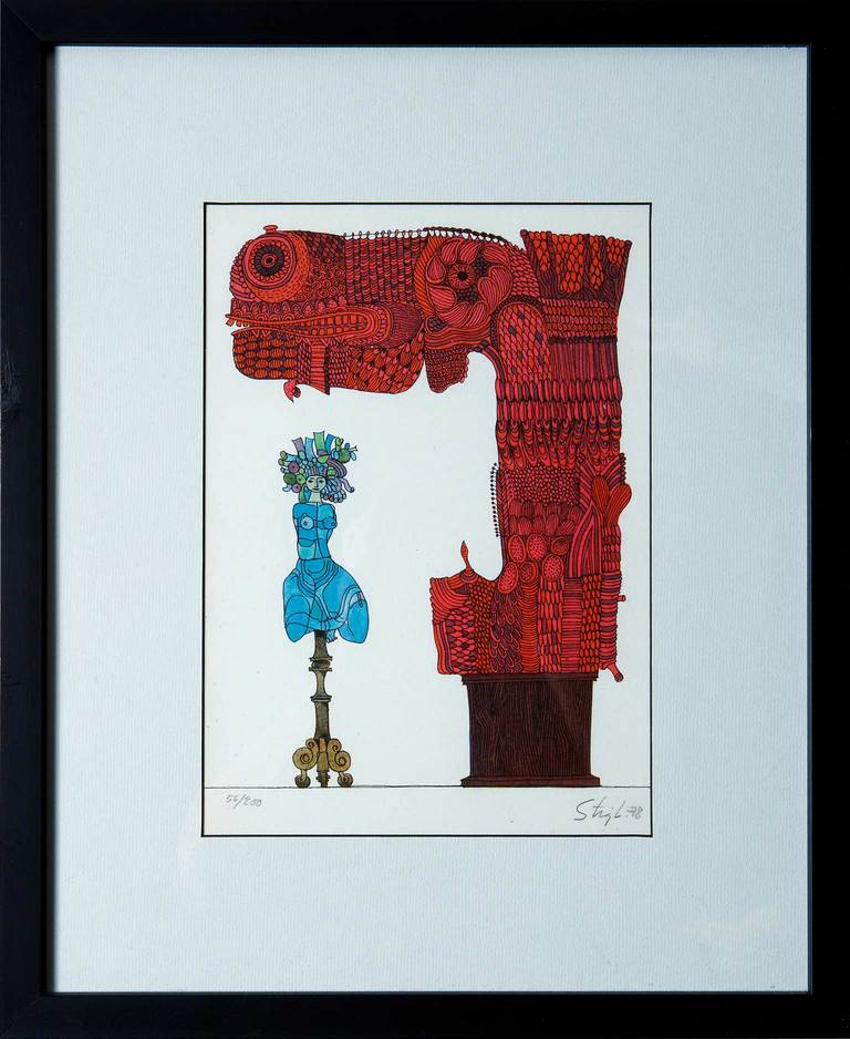 A lithograph by Stig Lindberg, in his friendly-surrealist idiom, fully signed. Professionally matted and framed.
