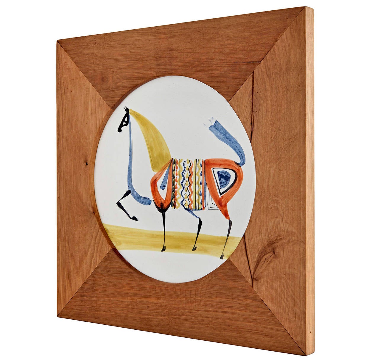 Roger Capron's colorful, stylized horse resides in a solid hardwood frame custom-made for this piece. The plate itself measures 9.5 inches in diameter. As framed, the piece is 14 inches square. Signed 