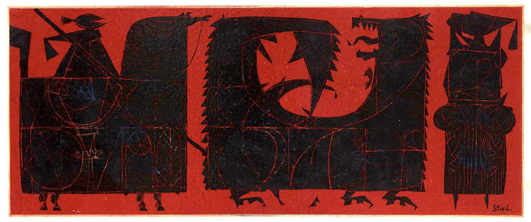 St. George and the Dragon as depicted in boldly graphic black and red enamel by Stig Lindberg, complete with brave St. George mounted on his horse, the snarling Dragon, and the demure Princess-in-distress. These tables were made in small numbers by