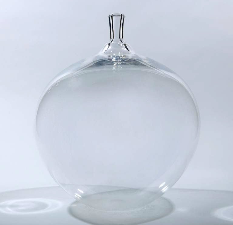 At 17.75 inches tall, a particularly large example of Lundin's era-defining hand blown glass vase for Orrefors. Signature etched on base: ORREFORS Expo D 32-57 Ingeborg Lundin