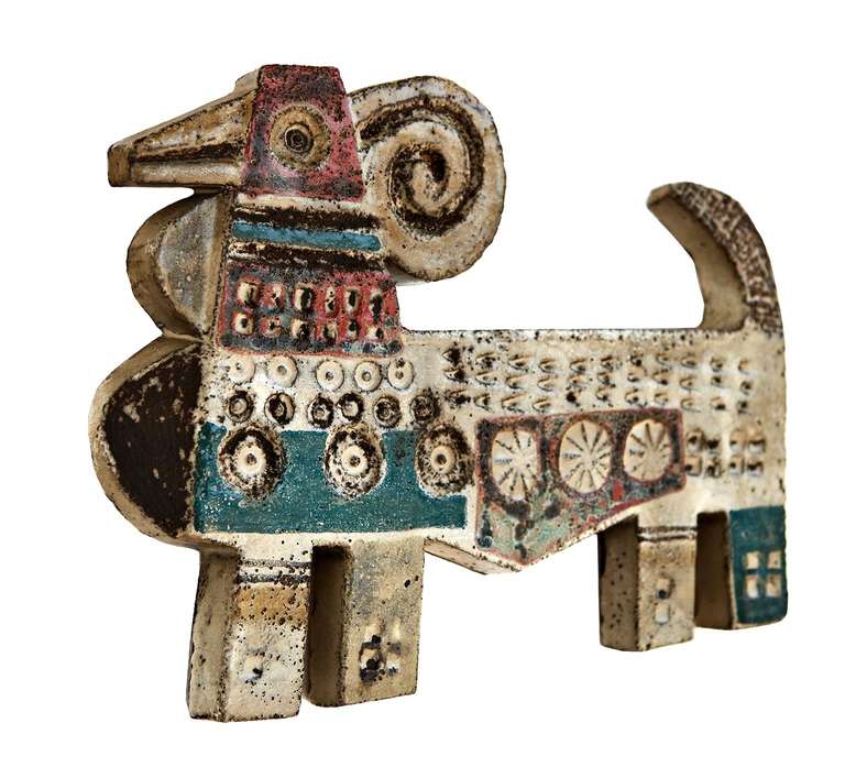 A wonderfully stylized, fantastic goat-like creature from the ceramists of Le Mûrier. Gustave Reynaud often worked in close collaboration with his famous brother-in-law, Jean Derval. This piece appears closer in style to the work of Derval, and may