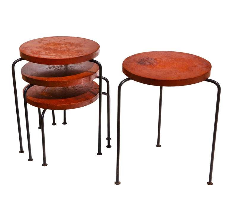 Actually a set of three stacking stools, with an extra stool that is a duplicate of the largest of the three. The heights of the three sizes are 19