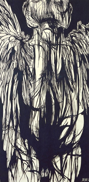 The American sculptor and printmaker, Leonard Baskin, printed this monumental five-foot-tall image, of Azrael, the Angel of Death, from a single carved wooden block. Signed in pencil, lower right, below artist's monogram.