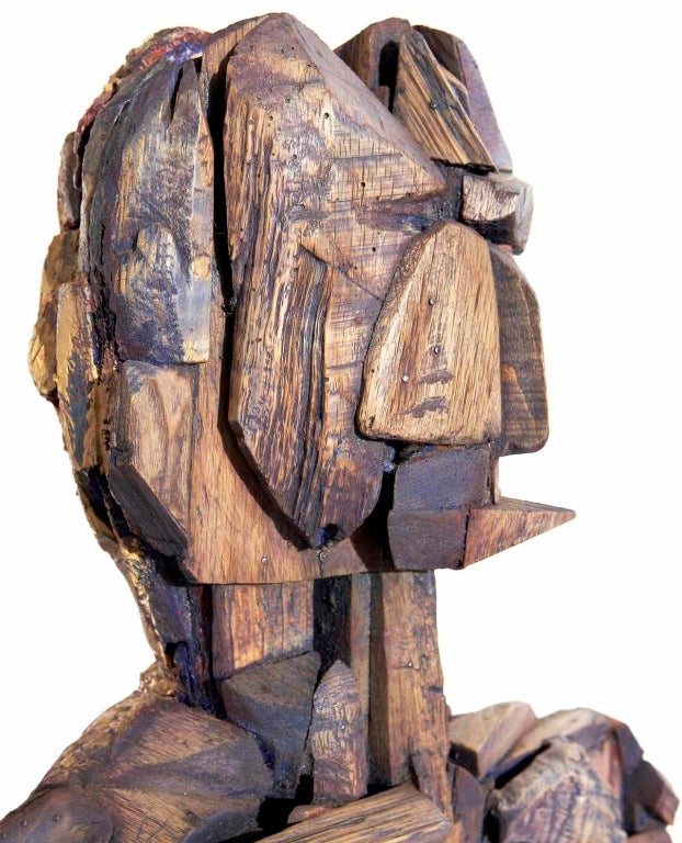 This large and wonderful bust of a man is built from assembled scraps of wood, resembling what Deborah Butterfield might create if she was interested in human, as opposed to equine, imagery. The grace with which shards of wood come together to