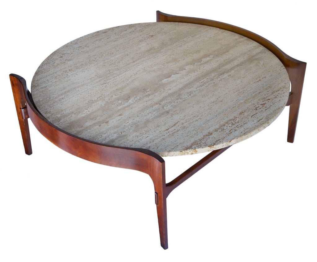 A chic coffee table, designed in the 1950s by Gio Ponti associate Bertha Schaefer. Made in Italy for Singer and Sons of top quality Italian walnut and travertine, this table has a very original form, with an undulating, swelling baroque line. As