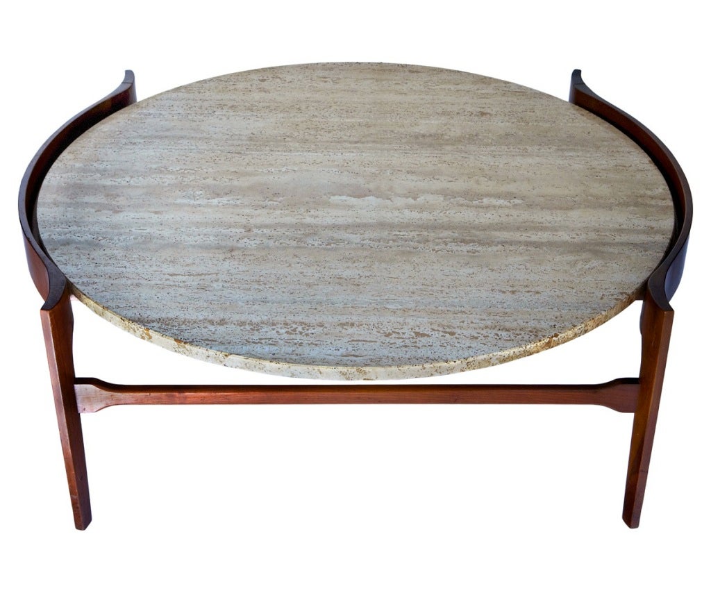 Italian Travertine and Walnut Coffee Table by Bertha Schaefer