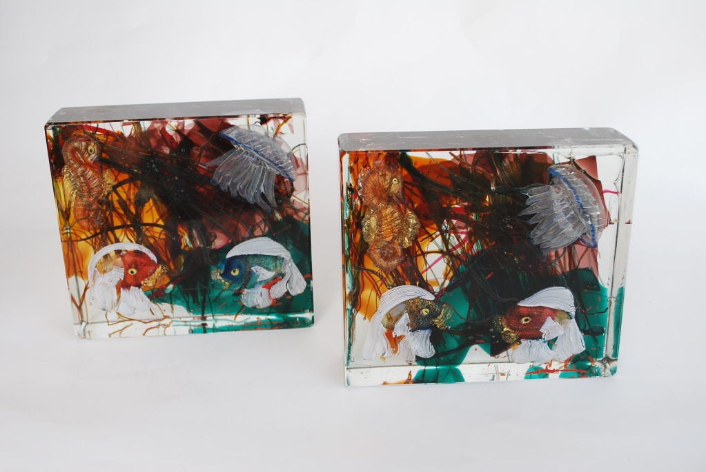 Pair of aquarium fish blocks/bookends by Alfredo Barbini, Murano, Italy. Beautiful on both sides. ***Notes: There is no sales tax on this item if it is being shipped out of the state of Florida (Objects In The Loft will need a copy of the shipping