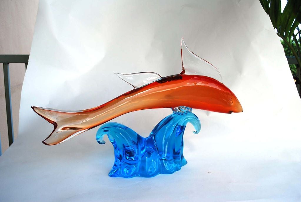 Massive fish sculpture on wave base by Salviati, Murano, Italy.  ***Notes: There is no sales tax on this item if it is being shipped out of the state of Florida (Objects In The Loft will need a copy of the shipping document). Please feel free to