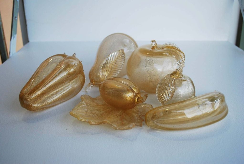 Fine & rare  fruit set by Barovier, Murano, Italy. Set includes pepper, apple, pear, leaf, banana, plum, and circular fruit in gold aventurine. Price is for the set.  Barovier compote / candle holder centerpiece sold separately, see 1stdibs.com