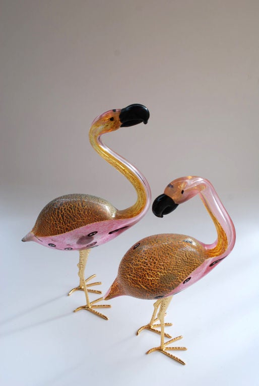 Pair of fine, blown glass flamingo figurines by Luigi Mellara, Murano, Italy, signed.  Priced for the pair.  *Notes: There is no sales tax on this item if it is being shipped out of the state of Florida (Objects In The Loft will need a copy of the