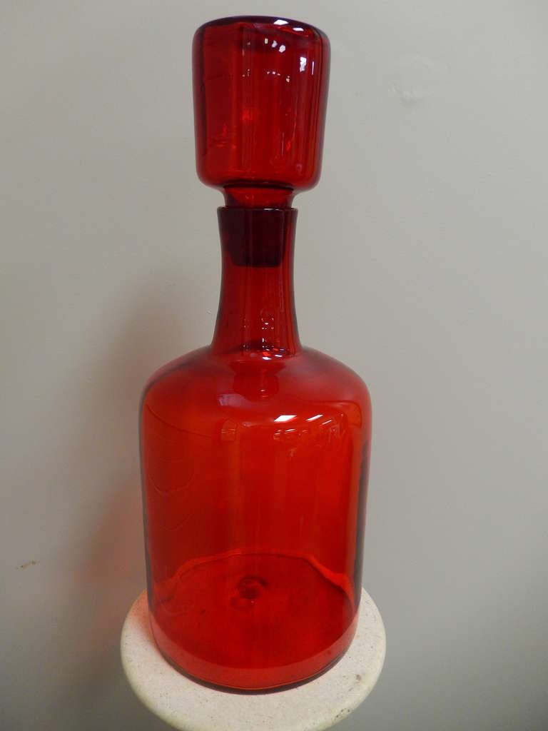 Super pair of Blenko bottles/decanters in a hot red color in excellent original condition.