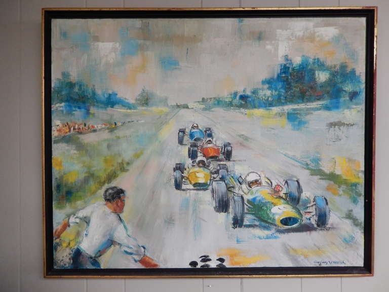 Racing scene commissioned by the Goodyear Tire and Rubber Company from the artist Gregory V. Walsh.  

Oil on canvas, this large image is very well done and bears the Goodyear inventory tag on the reverse, as seen in photo.