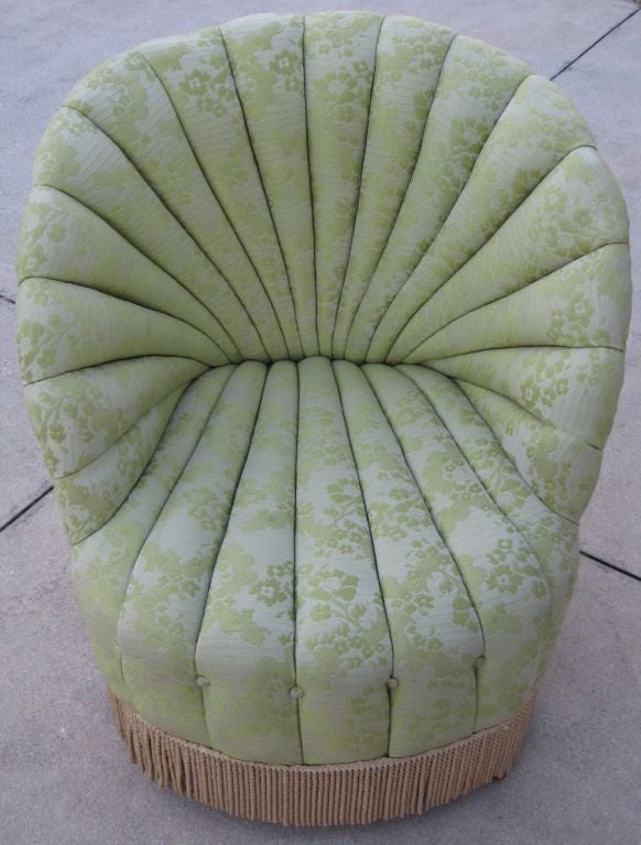 Late 1930's period slipper chair still covered in it's original rayon fabric and fringe. Deep channeling and button tufting as shown, elegant form still ready for use, or can be recovered to taste. 24 HOUR HOLD ONLY