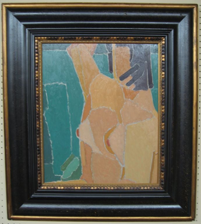 Beautifully composed rendering of a female nude by artist Ralph Gagnon, dating to the early 1950's. Painted as a series of interlocking abstract colorblocks resembling torn paper, this image is both evocative and well designed. Interesting feature