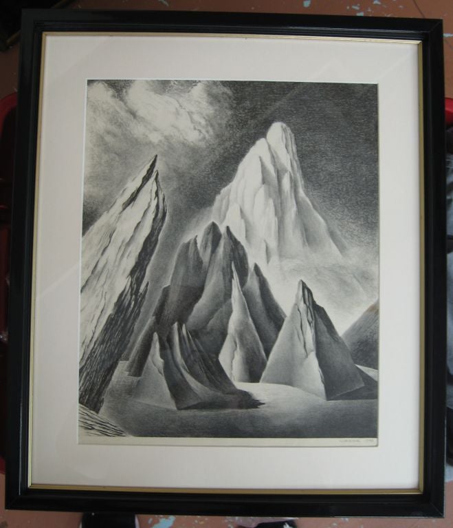 Dimensional, original vintage print of an original pencil sketch signed by artist Jo Wood, dating to the early 1940's. Depicting jagged mountaintops as they may be seen in the abstract. New matting and framing.