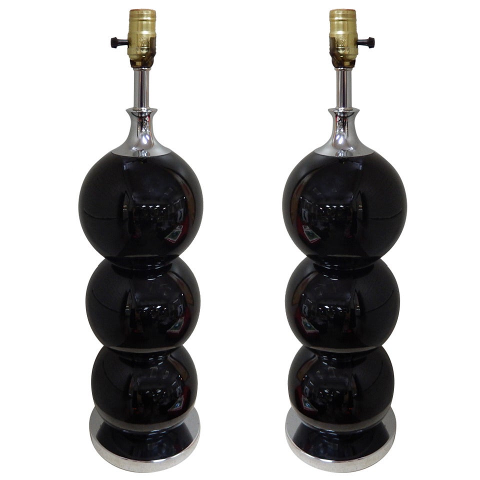 Pair of Black Glass Modernist Lamps For Sale
