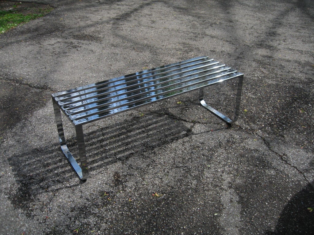 Superb chromed steel slat bench by Milo Baughman for Thayer Coggin, dating to 1970.  Super heavy duty construction, this is the one everyone wants- and in superb original finish and condition.
