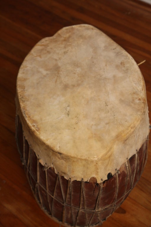 Native American Pueblo pigmented hollowed cottonwood drum with stretched leather hide. From the collection of Barry Goldwater, Arizona Senator and onetime presidential candidate.
