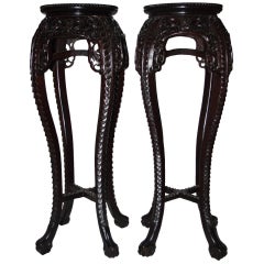 Antique Pair of Chinese Carved Rosewood Fern Stands