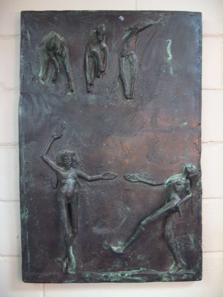 Superbly modeled bronze plaque by Rollins College artist Bonnie Brown, depicting figures in various poses done in bas relief.