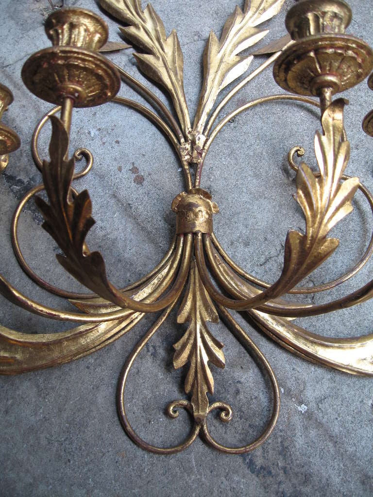 Wood Pair of Palladio Florentine Gilded Metal Candle Sconces