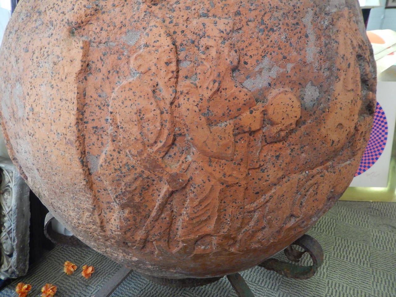 Recently de-accessioned from the Orlando History museum is this massive carved terracotta wine storage vessel, dating to approximately 250 BCE. 

Retrieved from the Eturian region of Italy, it is raised on a later period wrought iron base for