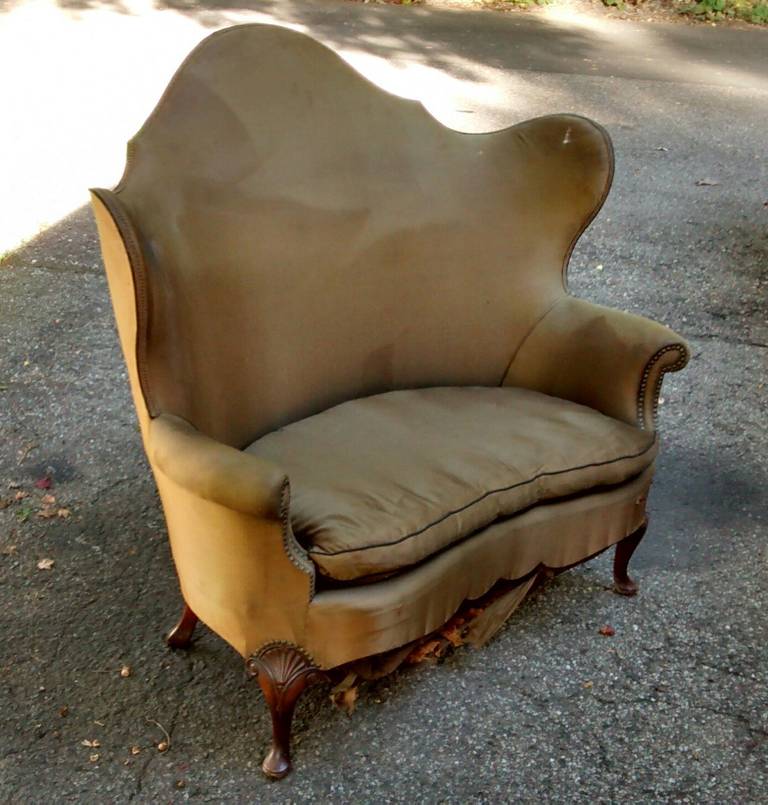 Fabulous recent estate find is this high wingback settee by the Simonds Furniture Company of Syracuse, NY, dating to 1920. 

Originally purchased and owned by Byron Everitt, founder of the EMF Motor Company of Detroit, and retrieved from the attic