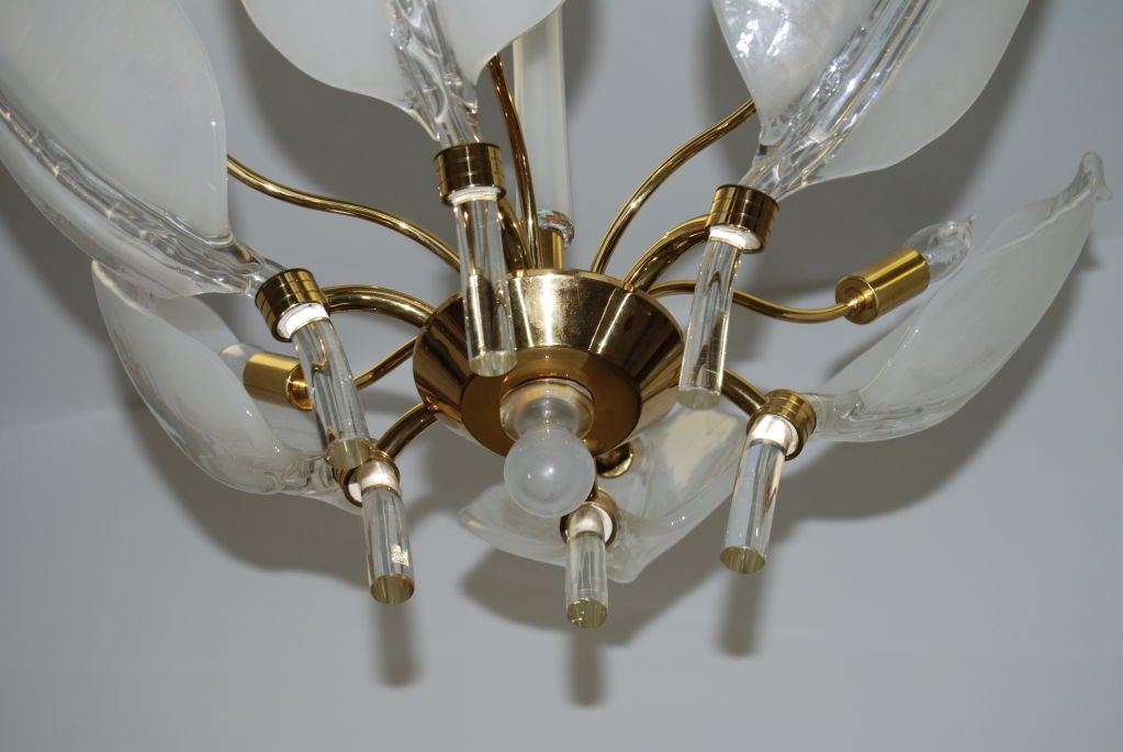 Murano six light, Leaf  chandelier with opaque and clear glass leaves. Over sized leaves each measuring 22