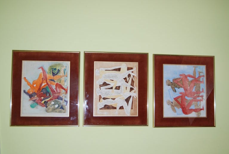Wonderful set of three original signed, Gigi Aramescu Anderson (b.1910-1993) watercolor figural abstract paintings. Gigi Aramescu was considered one of the most important abstract modern painters in her birth country of Romania. Aramescu's work can