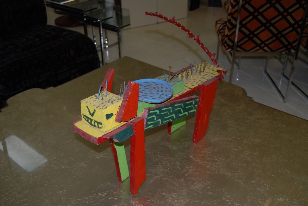 Signed George Colin folk art wood and metal cat sculpture. Colin's work is in many prominent collections including George Bush,Oprah Winfrey,Michael Jordan to mention a few. Colin's work has  been exhibited in both the Smithsonian Museum as well as