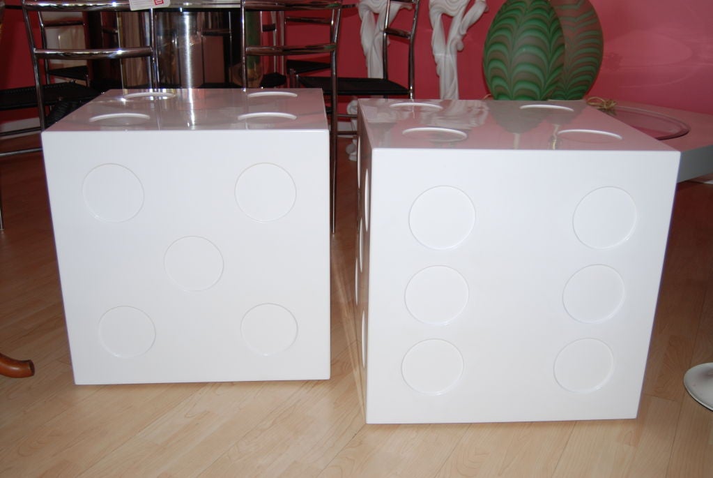 Fun and Fabulous!Pair of custom dice end tables executed in high gloss white lacquer with matte finish to interior of circles.Perfect with modern decor.