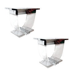 SUPERB PAIR OF POLISHED STEEL AND LUCITE CONSOLE TABLES