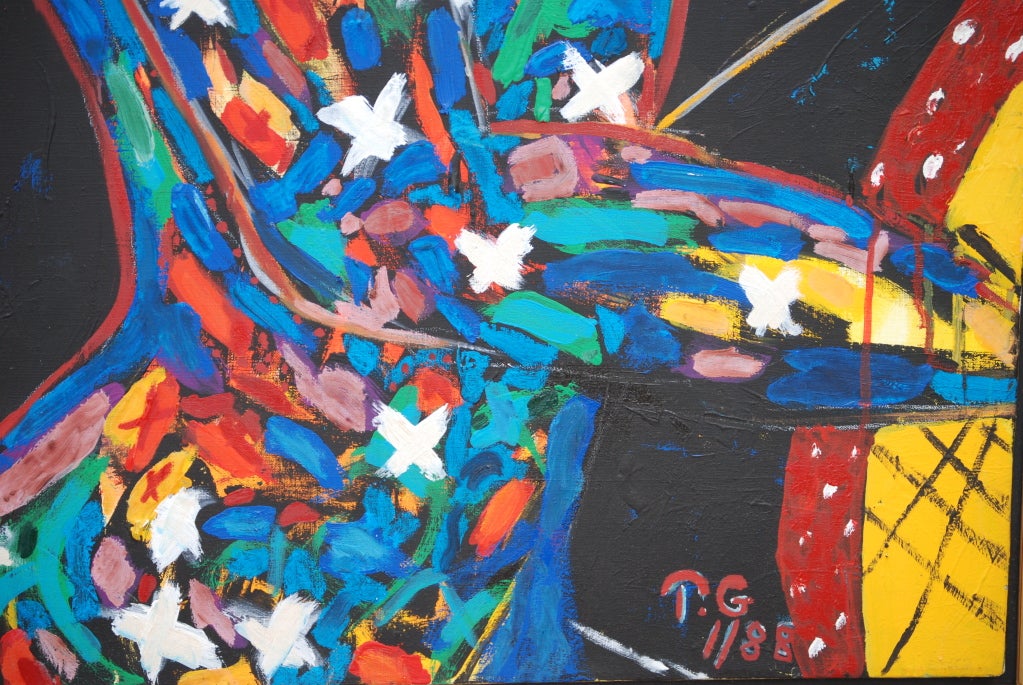 Mixed media collage on canvas depicting a male and female. Executed in bold vibrant colors as shown. Signed and dated in lower right hand corner.