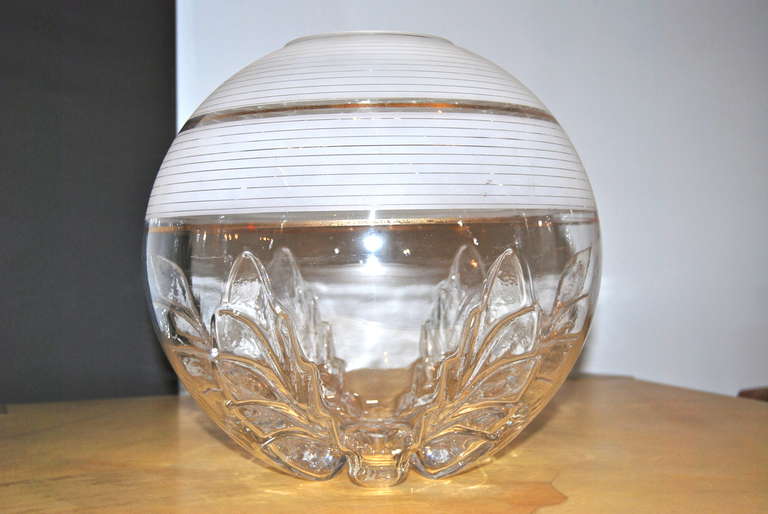 Stunning ! Hand blown Murano vase by Mazzega. Vase has an interesting applied gold and  opaque white design as shown. Perfect as a table centerpiece or utilize on a console or credenza. For best net trade price or additional questions ,please click