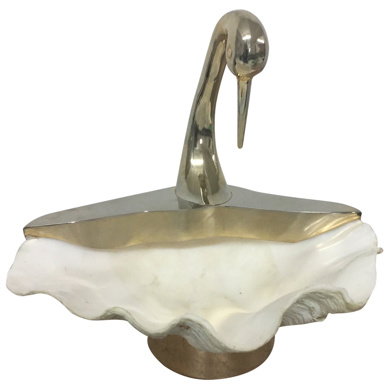 Swan Sculpture with Natural Clam Shell Bowl For Sale