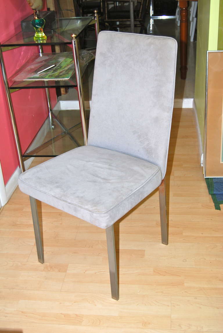 set of flat bar high polished nickel plated chairs attributed to Milo Baughman.  Price includes new upholstery with client's own fabric