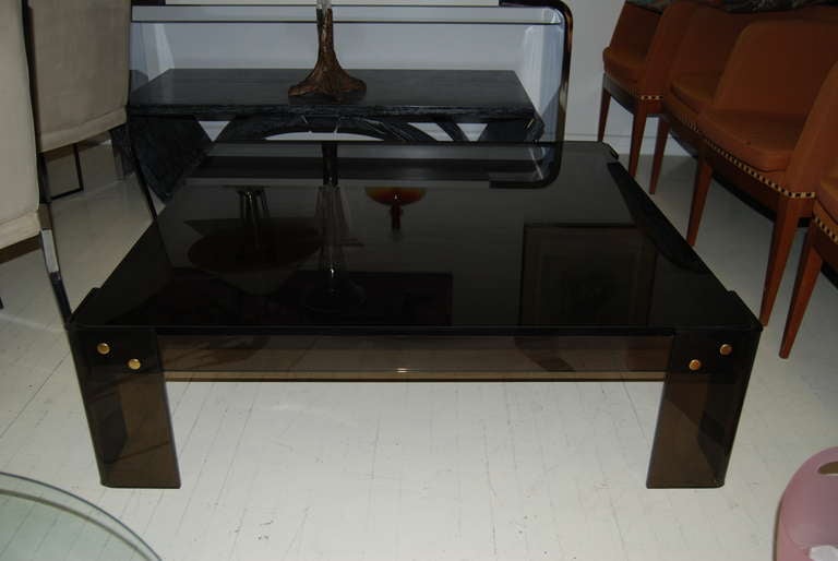 Chic Square Brown Lucite Coffee Table With Brass Accents At 1stdibs