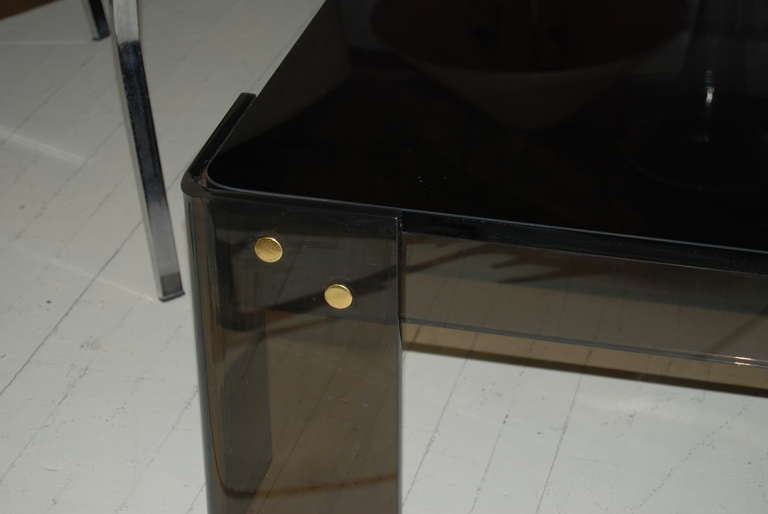 Chic Square Brown Lucite Coffee Table With Brass Accents At 1stdibs
