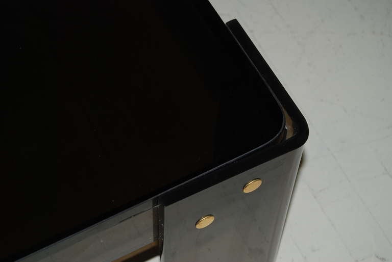 Chic Square Brown Lucite Coffee Table With Brass Accents At 1stdibs