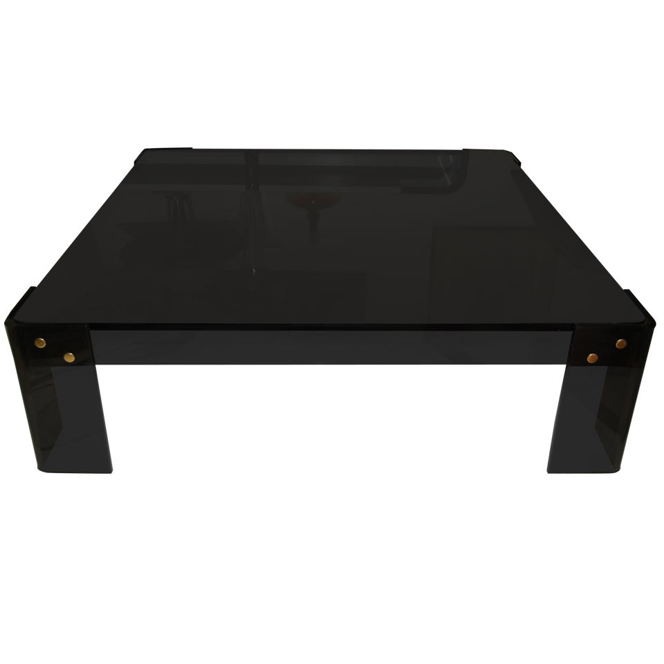 Chic Square Brown Lucite Coffee Table With Brass Accents At 1stdibs