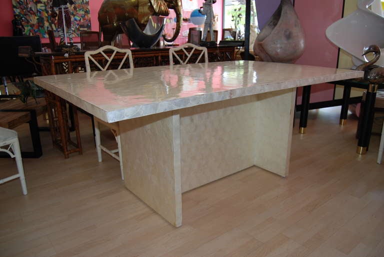 Incredible and Stunning! Frances Elkins att. dining table executed in capiz shells over wood. Beautiful simplistic and elegant  lines. Perfect apartment size dining table; or could be utilized as a desk if desired. Ideal with modern or decorative