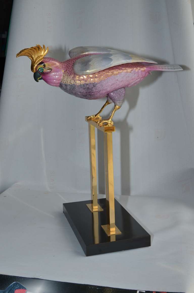 Stunning Italian Porcelain Parrot Sculpture With Bronze Mounts