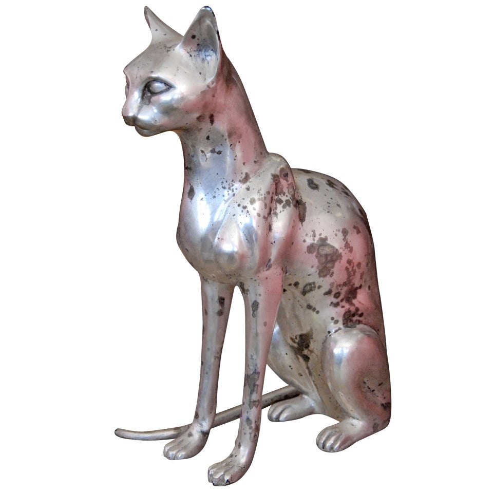 Stunning Silver Over Bronze Cat Sculpture