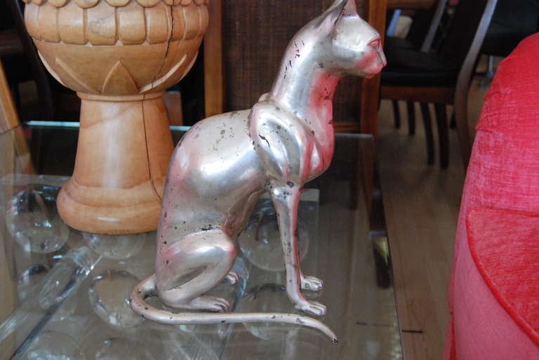 20th Century Stunning Silver Over Bronze Cat Sculpture