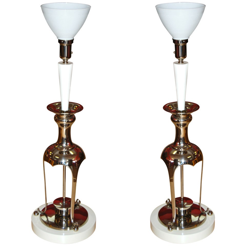 Pair of Nickeled Table Lamps For Sale