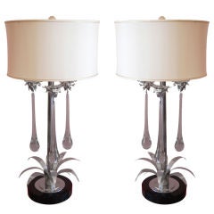 Mesmerizing Pair of Palm Frond and Crystal Lamps